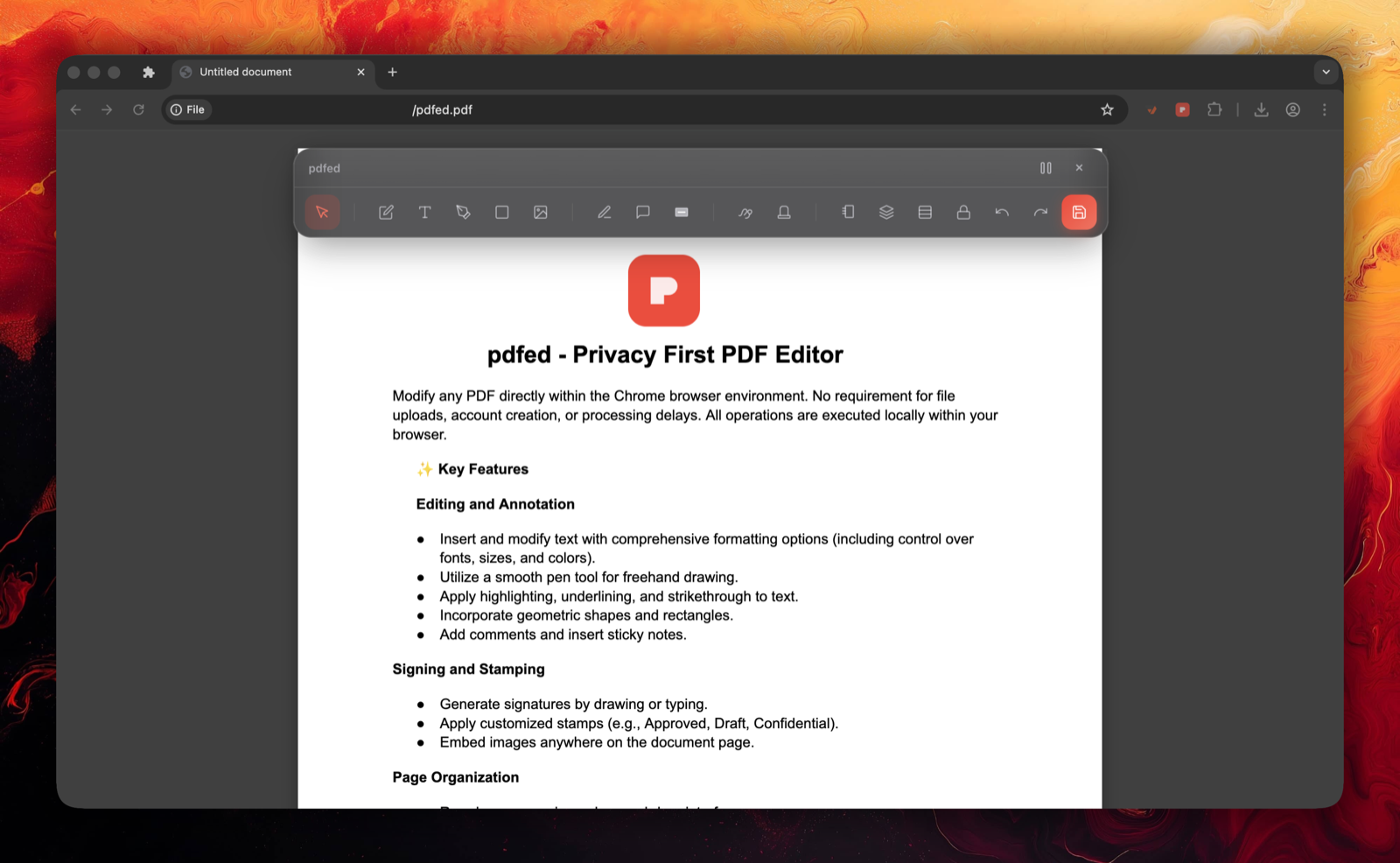 pdfed PDF editor interface showing text editing, signing, and redaction tools running inside a Chrome browser